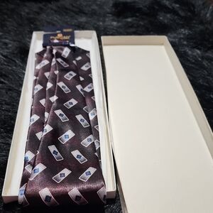 Puritan Black Tie with Blue and White Geometric Design. NWT.